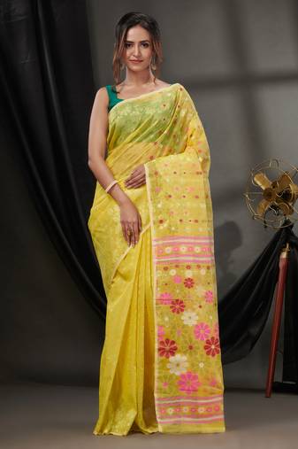 Yellow Cotton Dhakai Jamdani Handwoven Saree With Floral Designs Without Blouse