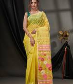 Yellow Cotton Dhakai Jamdani Handwoven Saree With Floral Designs Without Blouse