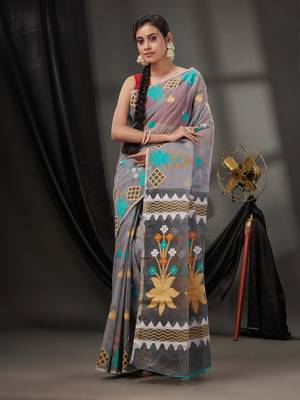 Grey Cotton Dhakai Jamdani Handwoven Saree With Woven Designs Without Blouse 1