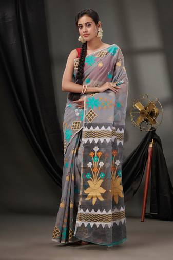 Grey Cotton Dhakai Jamdani Handwoven Saree With Woven Designs Without Blouse