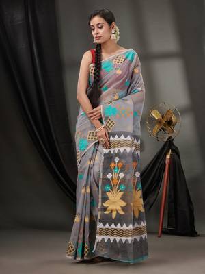 Grey Cotton Dhakai Jamdani Handwoven Saree With Woven Designs Without Blouse 2