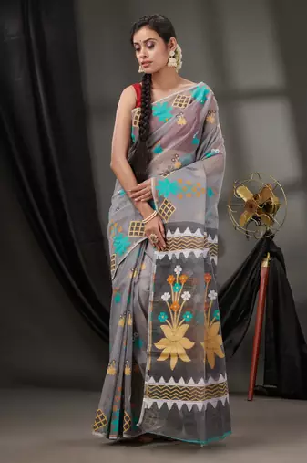 Grey Cotton Dhakai Jamdani Handwoven Saree With Woven Designs Without Blouse