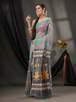 Grey Cotton Dhakai Jamdani Handwoven Saree With Woven Designs Without Blouse 3