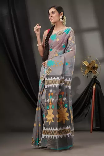 Grey Cotton Dhakai Jamdani Handwoven Saree With Woven Designs Without Blouse