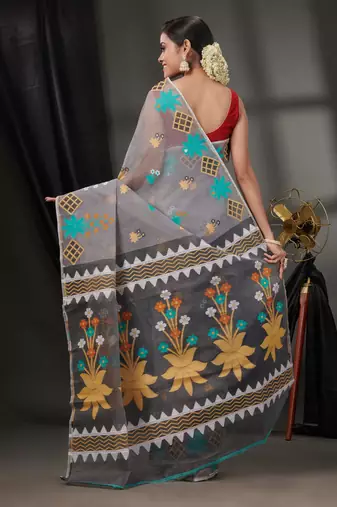 Grey Cotton Dhakai Jamdani Handwoven Saree With Woven Designs Without Blouse