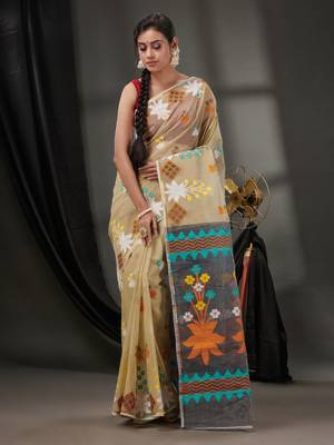 Beige Cotton Dhakai Jamdani Handwoven Saree With Woven Designs Without Blouse 1