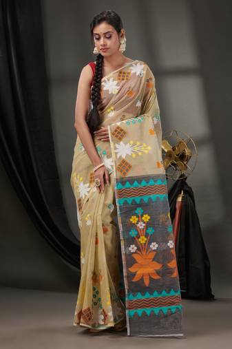 Beige Cotton Dhakai Jamdani Handwoven Saree With Woven Designs Without Blouse