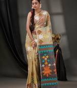 Beige Cotton Dhakai Jamdani Handwoven Saree With Woven Designs Without Blouse