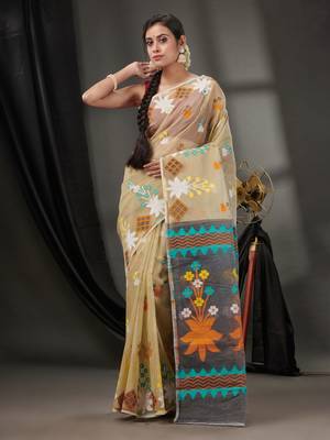 Beige Cotton Dhakai Jamdani Handwoven Saree With Woven Designs Without Blouse 2