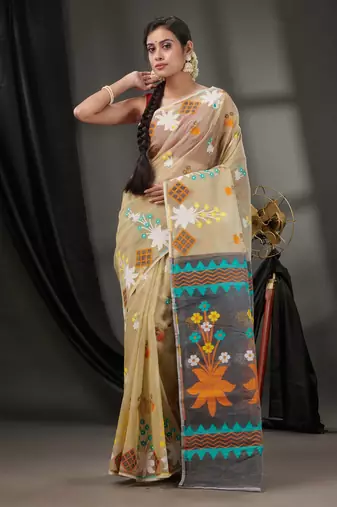 Beige Cotton Dhakai Jamdani Handwoven Saree With Woven Designs Without Blouse