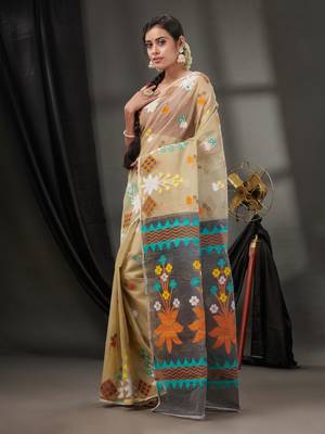 Beige Cotton Dhakai Jamdani Handwoven Saree With Woven Designs Without Blouse 3