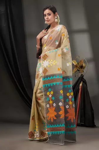 Beige Cotton Dhakai Jamdani Handwoven Saree With Woven Designs Without Blouse