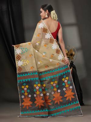 Beige Cotton Dhakai Jamdani Handwoven Saree With Woven Designs Without Blouse 4