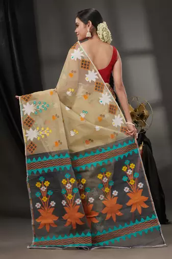 Beige Cotton Dhakai Jamdani Handwoven Saree With Woven Designs Without Blouse