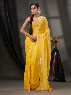 Yellow Cotton Handwoven Soft Saree With Sequinned Work Without Blouse 1