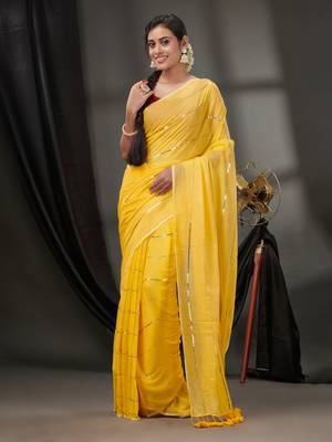 Yellow Cotton Handwoven Soft Saree With Sequinned Work Without Blouse 2
