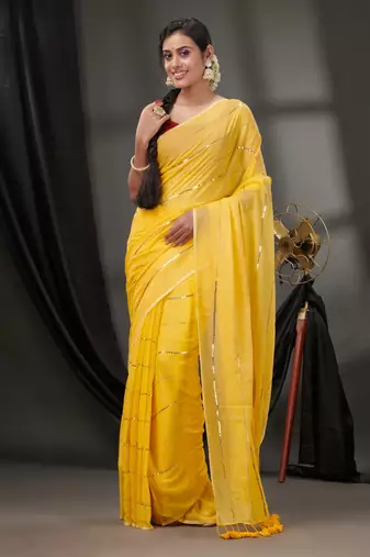 Yellow Cotton Handwoven Soft Saree With Sequinned Work Without Blouse