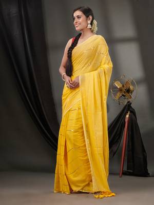 Yellow Cotton Handwoven Soft Saree With Sequinned Work Without Blouse 3