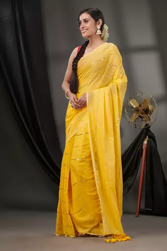 Yellow Cotton Handwoven Soft Saree With Sequinned Work Without Blouse