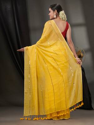 Yellow Cotton Handwoven Soft Saree With Sequinned Work Without Blouse 4