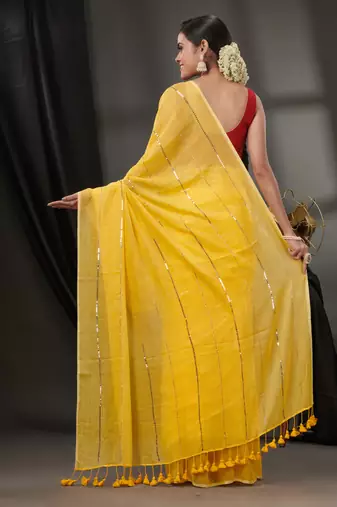 Yellow Cotton Handwoven Soft Saree With Sequinned Work Without Blouse