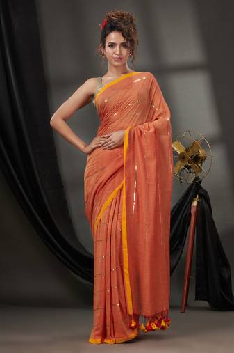Orange Cotton Handwoven Soft Saree With Sequinned Work Without Blouse