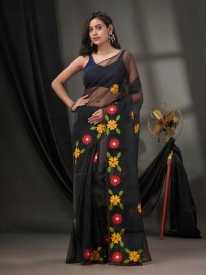 Black Resham Kota Handwoven Saree With Floral Applique Without Blouse 1