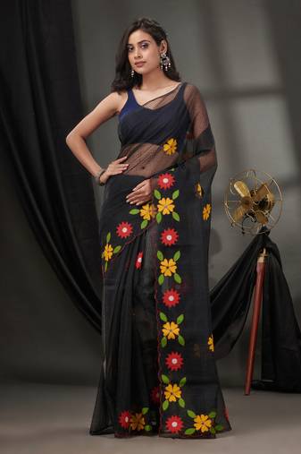 Black Resham Kota Handwoven Saree With Floral Applique Without Blouse