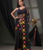 Black Resham Kota Handwoven Saree With Floral Applique Without Blouse