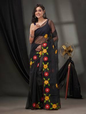 Black Resham Kota Handwoven Saree With Floral Applique Without Blouse 2