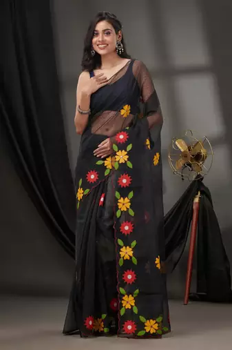 Black Resham Kota Handwoven Saree With Floral Applique Without Blouse