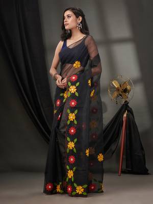 Black Resham Kota Handwoven Saree With Floral Applique Without Blouse 3
