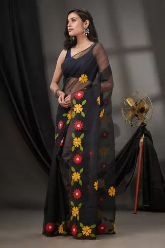 Black Resham Kota Handwoven Saree With Floral Applique Without Blouse