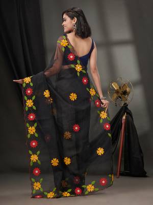 Black Resham Kota Handwoven Saree With Floral Applique Without Blouse 4