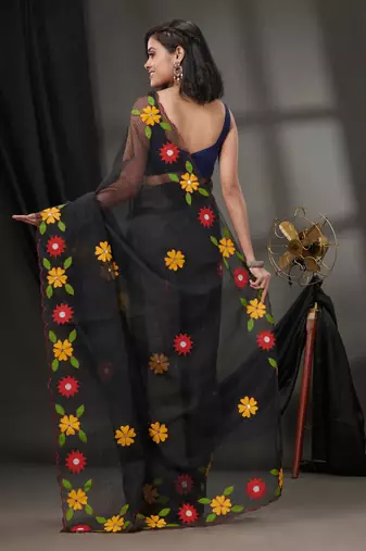 Black Resham Kota Handwoven Saree With Floral Applique Without Blouse