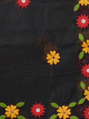 Black Resham Kota Handwoven Saree With Floral Applique Without Blouse 5