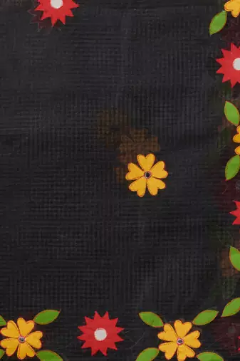 Black Resham Kota Handwoven Saree With Floral Applique Without Blouse