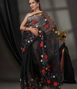 Black Resham Kota Handwoven Saree With Floral Applique Without Blouse
