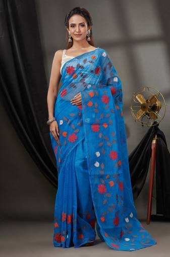 Cobalt Blue Resham Kota Handwoven Saree With Floral Applique Without Blouse
