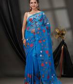 Cobalt Blue Resham Kota Handwoven Saree With Floral Applique Without Blouse