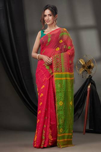 Fuchsia Silk Cotton Jamdani Handwoven Saree With Texture Designs Without Blouse
