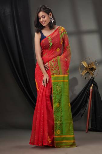 Red Silk Cotton Jamdani Handwoven Saree With Texture Designs Without Blouse