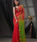 Red Silk Cotton Jamdani Handwoven Saree With Texture Designs Without Blouse