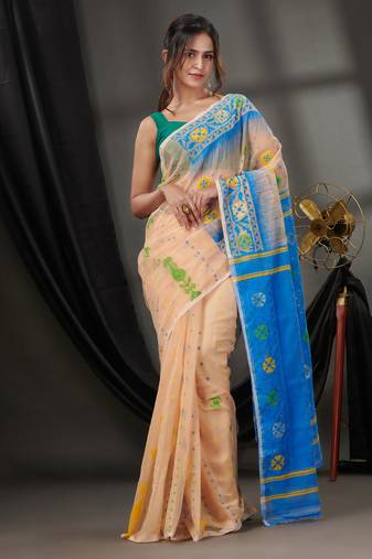 Cream Silk Cotton Jamdani Handwoven Saree With Texture Designs Without Blouse