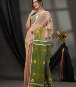 Ecru Silk Cotton Jamdani Handwoven Saree With Texture Designs Without Blouse