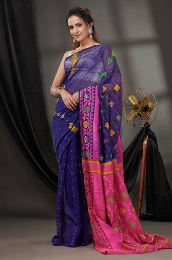 Navy Blue Silk Cotton Jamdani Handwoven Saree With Texture Designs Without Blouse