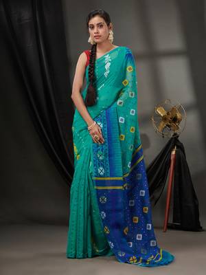 Sea Green Silk Cotton Jamdani Handwoven Saree With Texture Designs Without Blouse 1