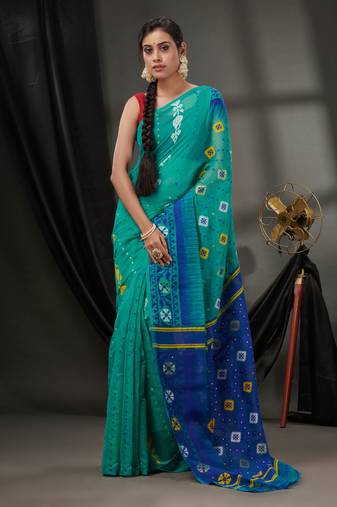 Sea Green Silk Cotton Jamdani Handwoven Saree With Texture Designs Without Blouse