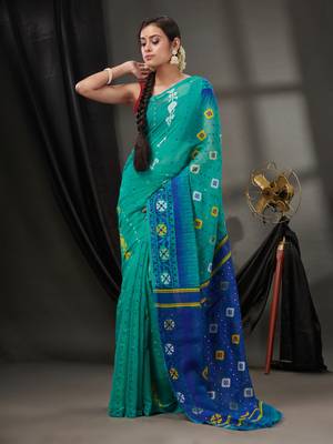 Sea Green Silk Cotton Jamdani Handwoven Saree With Texture Designs Without Blouse 2