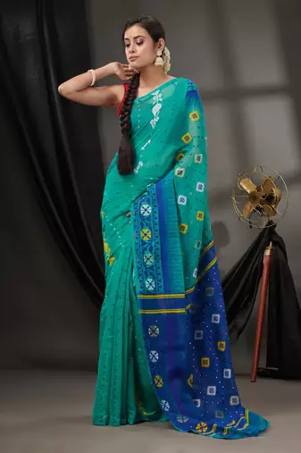 Sea Green Silk Cotton Jamdani Handwoven Saree With Texture Designs Without Blouse